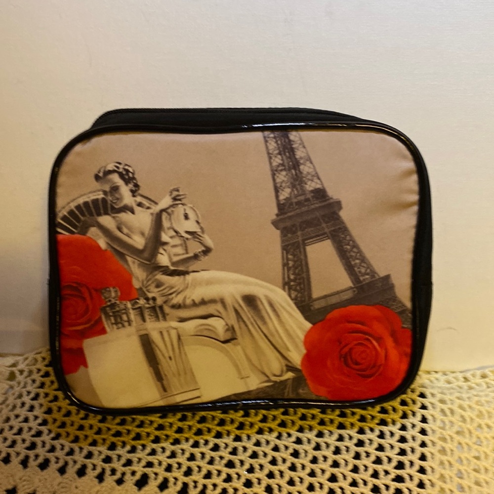 Lancôme cosmetic bag with Paris imagery in gray and red
